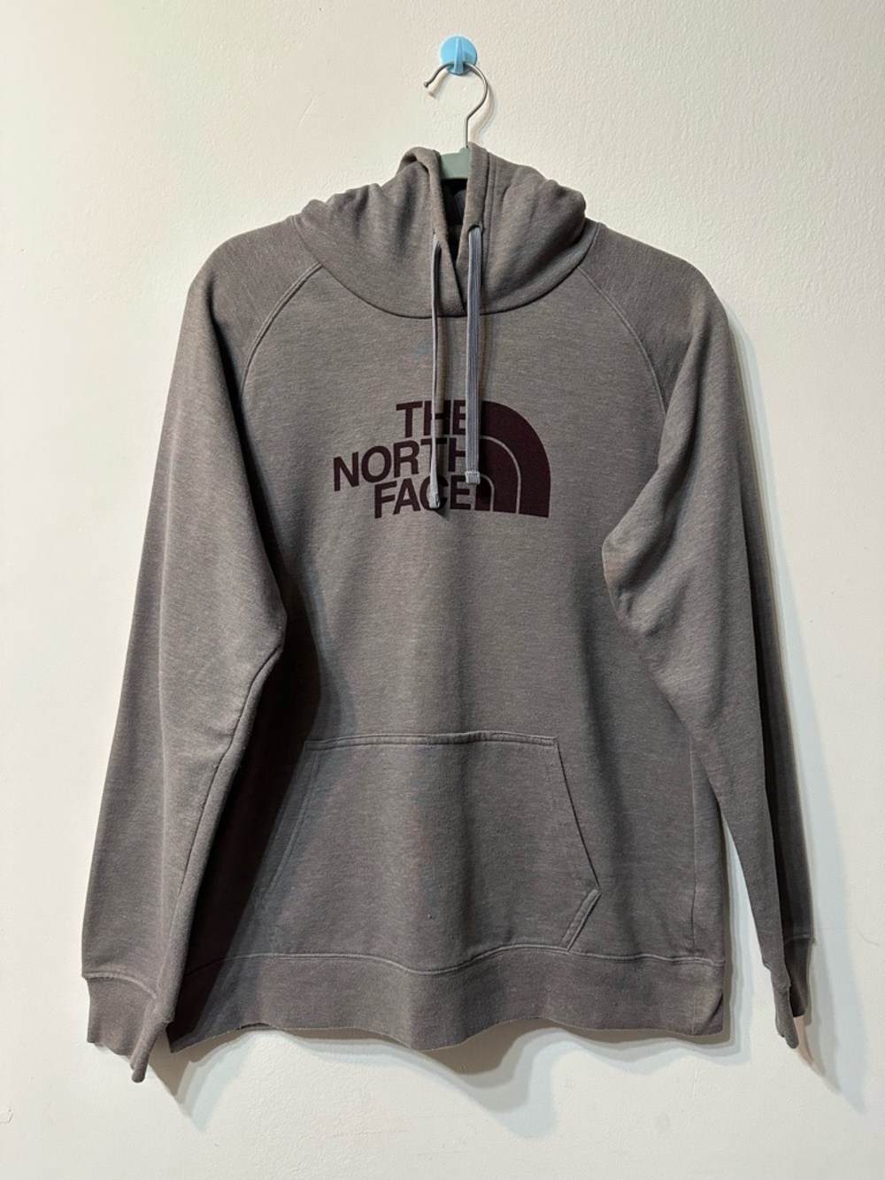 The North Face Logo Pullover Hoodie Brown Gray Fleece Pockets Raglan L Women's